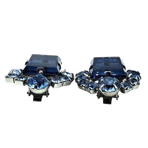 Vintage Blue Rhinestone Earrings Two Tone Blue Checkerboard Clip On Costume Jewe - Picture 5 of 10